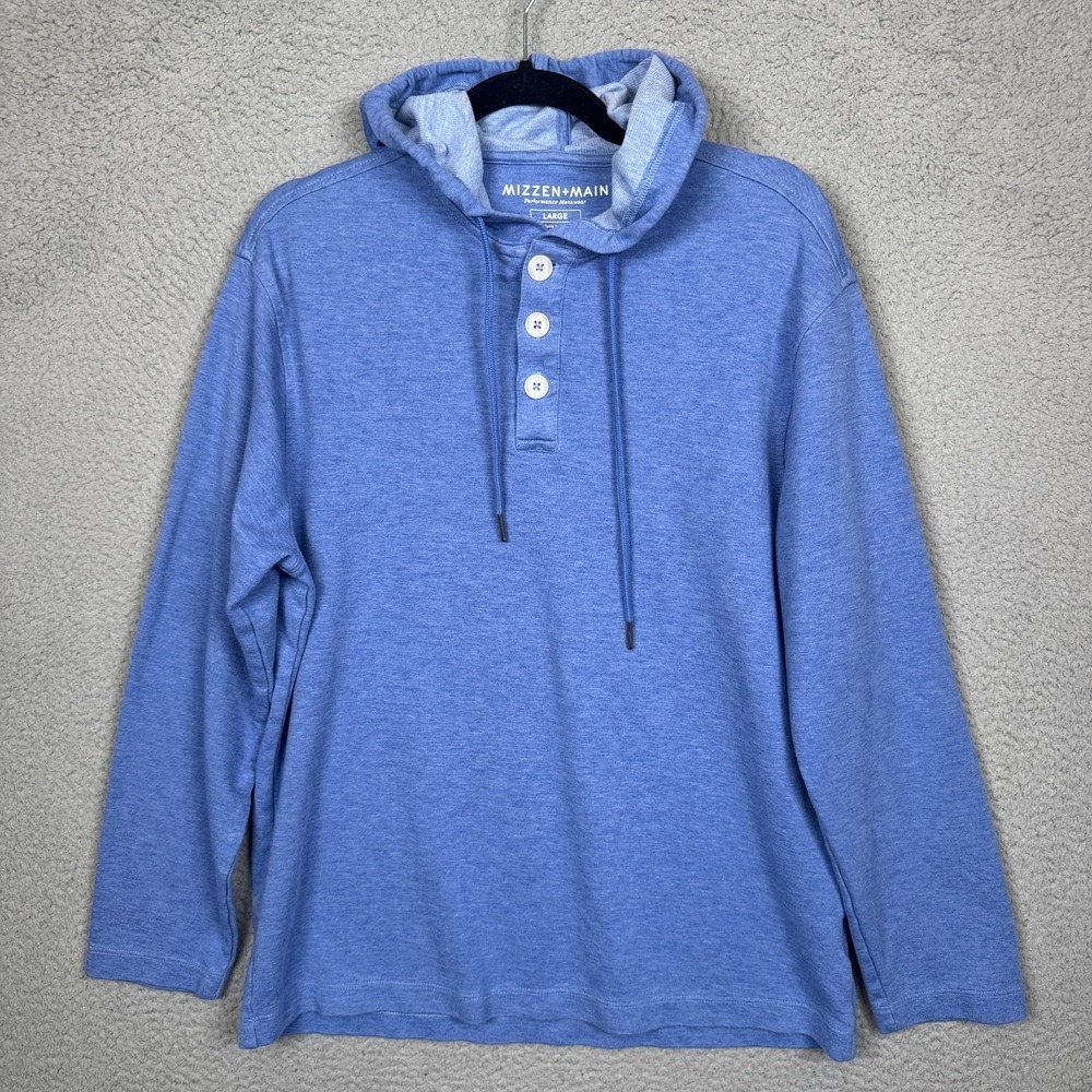 Mizzen & Main Hoodie Mens L Blue Heather Fairway Hooded Henley Preppy Athleisure